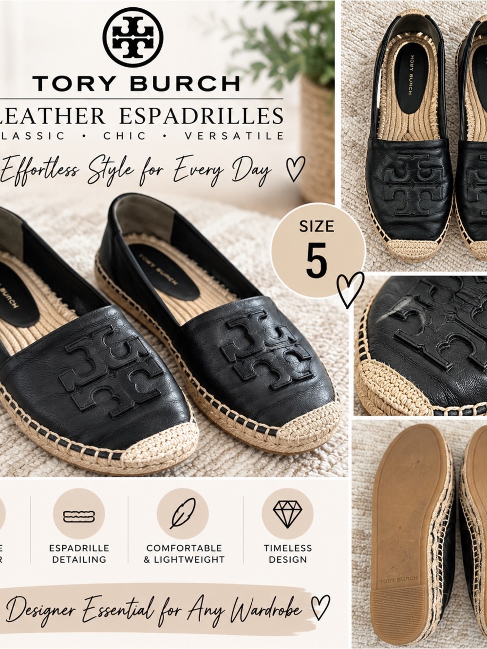 Tory Burch Black Leather Espadrille Slip-On Loafers